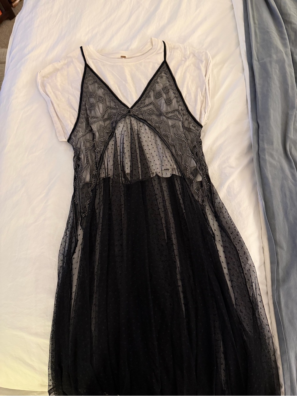 Free People Siren Sheer Handkerchief Hem T-Shirt Dress Black and White XS